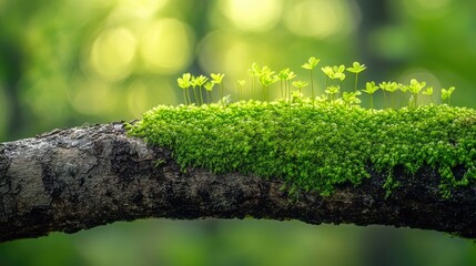 A macro shot of moss growing on a tree branch, with tiny details of the moss structure against a blurred forest background, providing space for text.