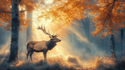 A majestic stag standing in a misty forest, with morning light filtering through the trees, capturing the essence of wildlife in its natural habitat with ample copy space.