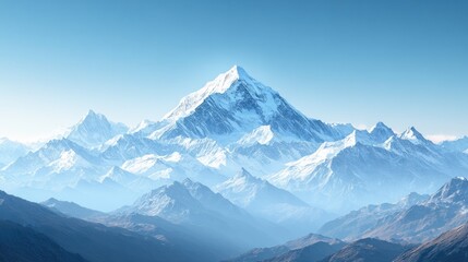 Obraz premium A majestic view of snow capped mountain peaks under a clear blue sky, capturing the grandeur of the landscape with ample copy space.