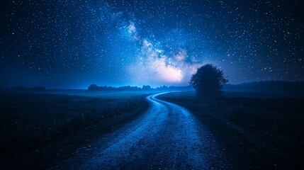 Naklejka premium Serene road under a canopy of stars, night photography, long exposure, deep blues, mystical journey