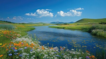 A meandering river under a clear blue sky, with wildflowers blooming along the banks in the foreground.