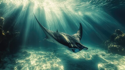 A mesmerizing underwater shot of a manta ray gracefully moving through the water, with sunlight creating a dappled effect on the ocean floor.
