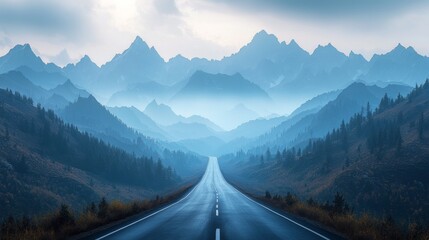 Tranquil mountain road at dawn, photorealistic, cool tones, subtle fog, majestic peaks