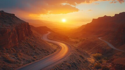 Winding road through a canyon at sunset,warm hues, deep shadows, dramatic scenery