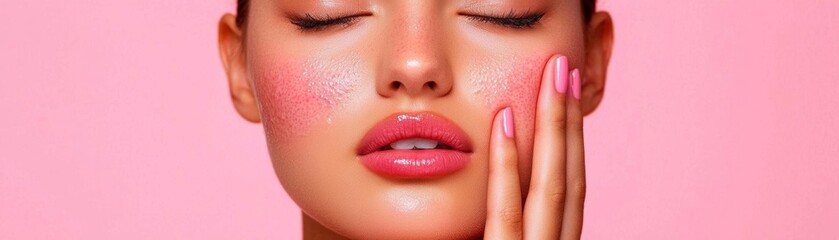 Fototapeta premium Teenage girl with acne on her jawline, gently touching her face in concern