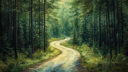 Obraz premium Winding road through a dense pine forest, high contrast, vibrant greens, textured surface, forest solitude