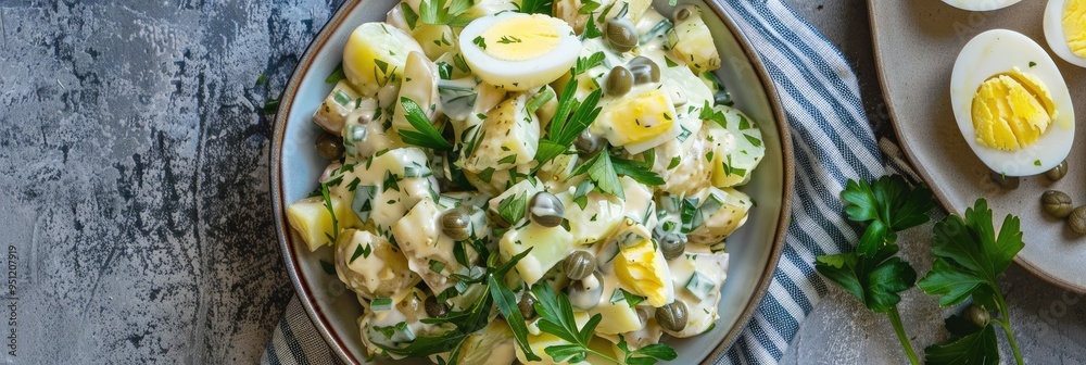 Wall mural potato salad featuring eggs, pickles, capers, fresh herbs, and creamy mayonnaise dressing