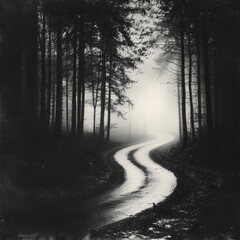 Obraz premium Winding road through a misty forest, monochromatic, high contrast, moody atmosphere, mystical allure