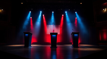 presidential debate stage setup for the 2024 United States elections. showcasing multiple podiums with American flags.