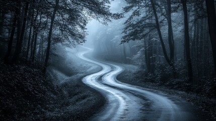Obraz premium Winding road through a misty forest, monochromatic, high contrast, moody atmosphere, mystical allure