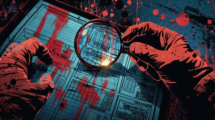 Crime investigation halftone collage. Retro elements like a top-secret file, DNA analysis, alibi, magnifying glass, fingerprints, bullet, and crime scene. Modern Y2K mixed media