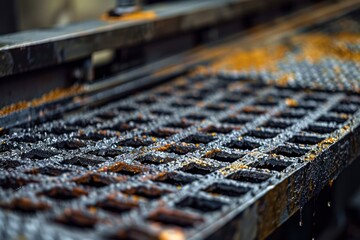 A close-up of intricately designed metal castings cooling on a conveyor belt, highlighting the fine details and textures of the finished pieces.