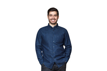 Fototapeta premium Young man smiling, dressed in casual denim shirt, hands in pockets