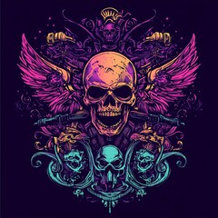 Skull with Wings and Ornate Design in Neon Colors