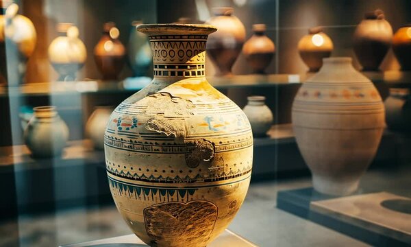 Close-up of an ancient Greek vase on display
