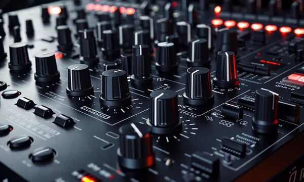 Close-up of a professional audio mixing console with illuminated controls