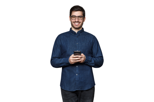 Handsome smiling young businessman holding his phone, wearing casual blue denim shirt and trendy glasses