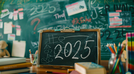 Happy New Year, Happy 2025, green blackboard background Hand wall checking 2025, Back To School.