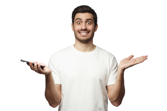 Young man spreading arms while holding phone as if not knowing what to do or surprised