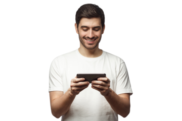 Handsome young man in white t-shirt, holding phone, playing video game