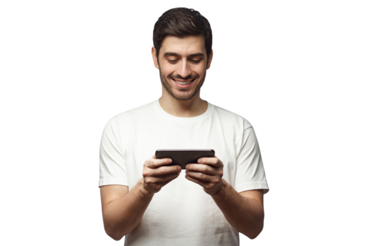 Handsome young man in white t-shirt, holding phone, playing video game