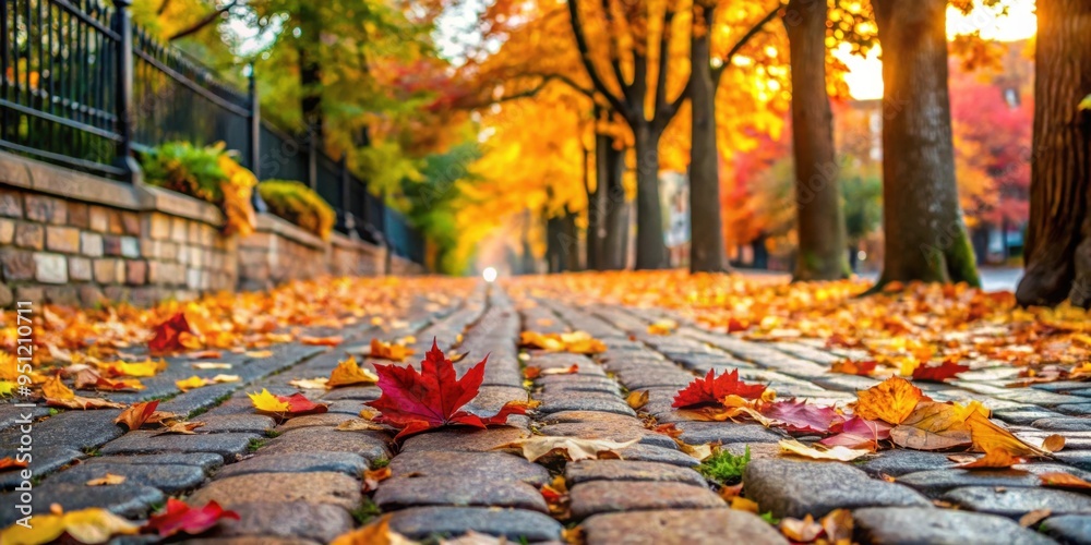 Poster Fall street scene with colorful leaves on cobblestone path , fall, street, trees, autumn, foliage, leaves, vibrant, orange