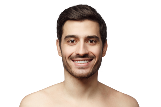 Skin care. Close-up portrait of handsome smiling man, looking at camera