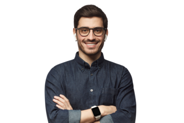 Smiling handsome man in blue denim shirt standing with crossed arms with smartwatch on wrist and earphones