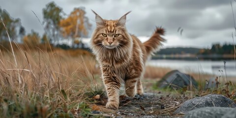 Obraz premium Maine Coon feline strolling on a windy day