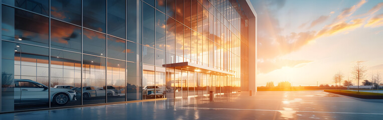 Office modern building in sunset with cloudy sky in the background
