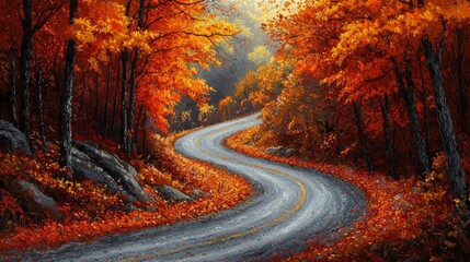 Winding road with autumn leaves, illustration, vibrant reds and yellows, high detail, fall tranquility