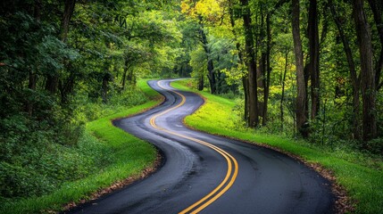 Winding road with lush green surroundings,vibrant colors, deep focus, fresh and inviting