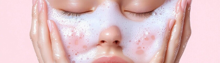 Fototapeta premium Teenage girl with acne on her cheeks, using a gentle facial cleanser