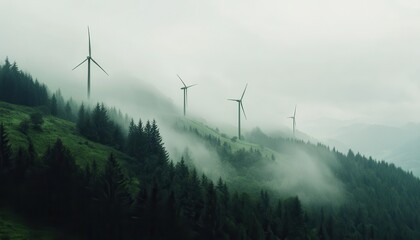 Misty landscape featuring wind turbines amidst lush green forests, showcasing renewable energy in a tranquil setting.