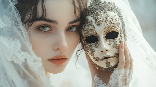 Victorian ghostly bride with hollow eyes, draped in a translucent veil, holding an ornate Halloween mask, vintage style, spectral glow, isolated on white background