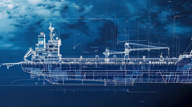 A digital blueprint illustration of a cargo ship, featuring intricate line work, technical schematics, and measurement annotations, perfect for educational and industry use