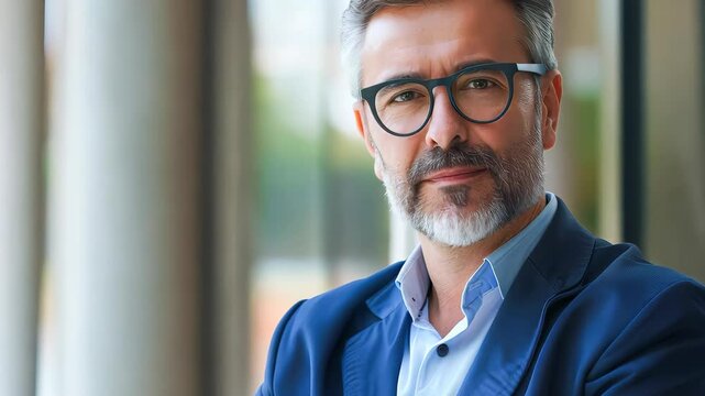A confident middle-aged man with a well-groomed beard and stylish glasses stands outside a modern building. He wears a navy blazer over a light shirt, embodying professionalism and charisma