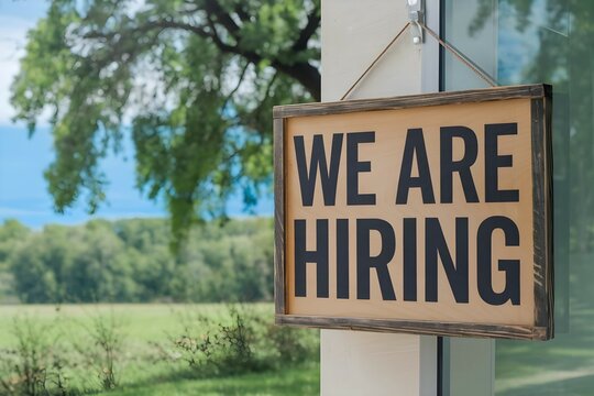 We are hiring board written in bold text is being hanged outside of an office