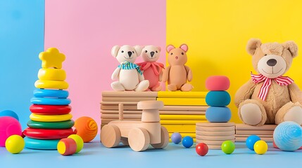 Obraz premium Wooden educational toys and soft plush stuffed toys isolated on colorful background