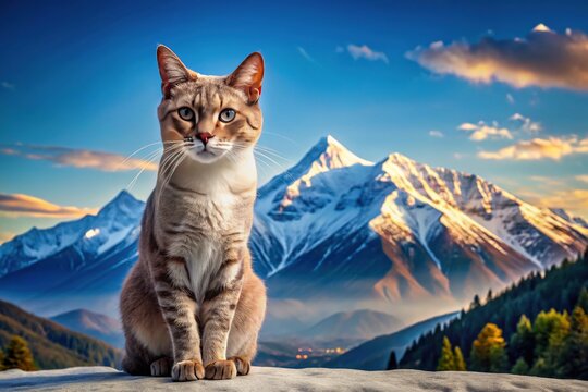 A casual Ukrainian Levkoy relaxes in front of a majestic snow-capped mountain range against a brilliant blue sky on a crisp winter day.