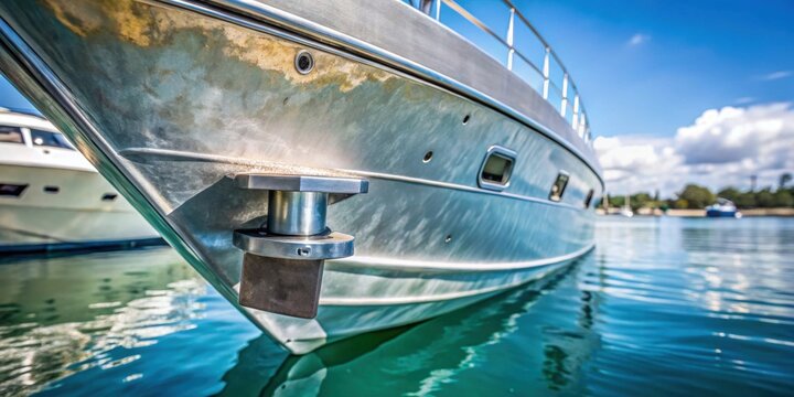 Zinc anode attached to a yacht's hull to prevent corrosion and damage from salt water