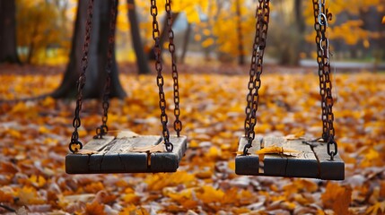Yellow and orange leafs on empty wooden swings in the park on autumn day