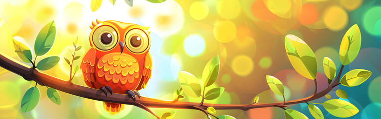 The owl sit on the tree in a vibrant forest with lights and bokeh in the background