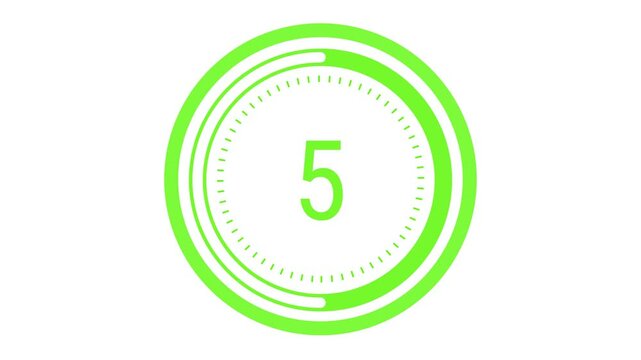 10-second vibrant lime green countdown with a rotating dashed inner ring, a pulsating outer circle, and a decreasing time gauge on a white background. 4K Motion Graphics. Fresh fruit and lime concept 