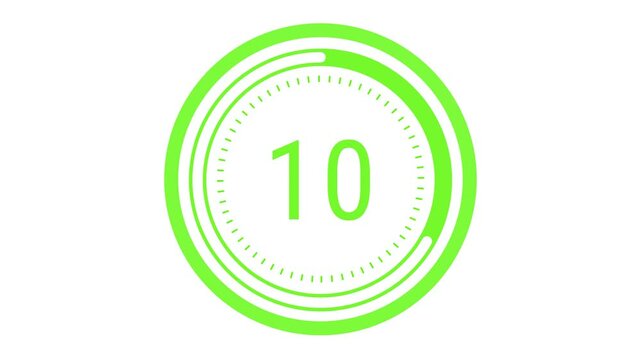 15-second vibrant lime green countdown with a rotating dashed inner ring, a pulsating outer circle, and a decreasing time gauge on a white background. 4K Motion Graphics. Fresh fruit and lime concept 