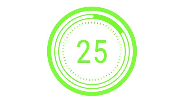 30-second vibrant lime green countdown with a rotating dashed inner ring, a pulsating outer circle, and a decreasing time gauge on a white background. 4K Motion Graphics. Fresh fruit and lime concept 
