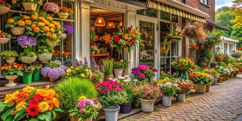 A charming flower shop in Dedham is filled with vibrant floral arrangements and lush greenery, creating a stunning visual display that's hard to ignore.