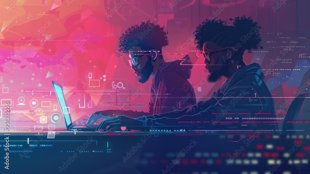 Aufkleber multiracial web developers - dynamic duo coding, surrounded by software concept illustrations