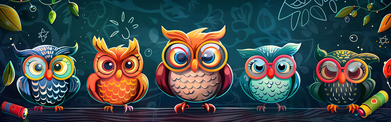 A seamless design featuring colorful owls in different poses with intricate floral patterns in background