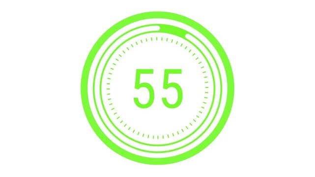 60-second (1-minute) lime green countdown with rotating dashed inner ring, pulsating outer circle, and decreasing time gauge on a white background. 4K Motion Graphics. Fresh fruit and lime concept